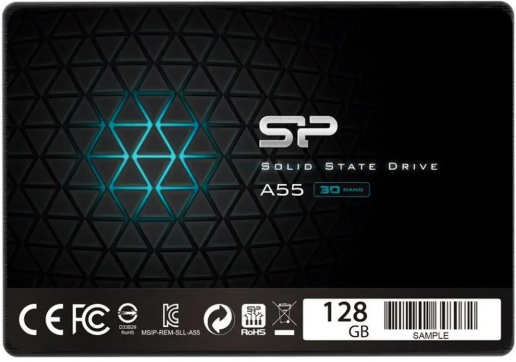 Silicon Power Ace A55 128GB 2.5 collos SATA3 SSD fekete műanyag házban, gyári logóval és típusjelzéssel ellátva