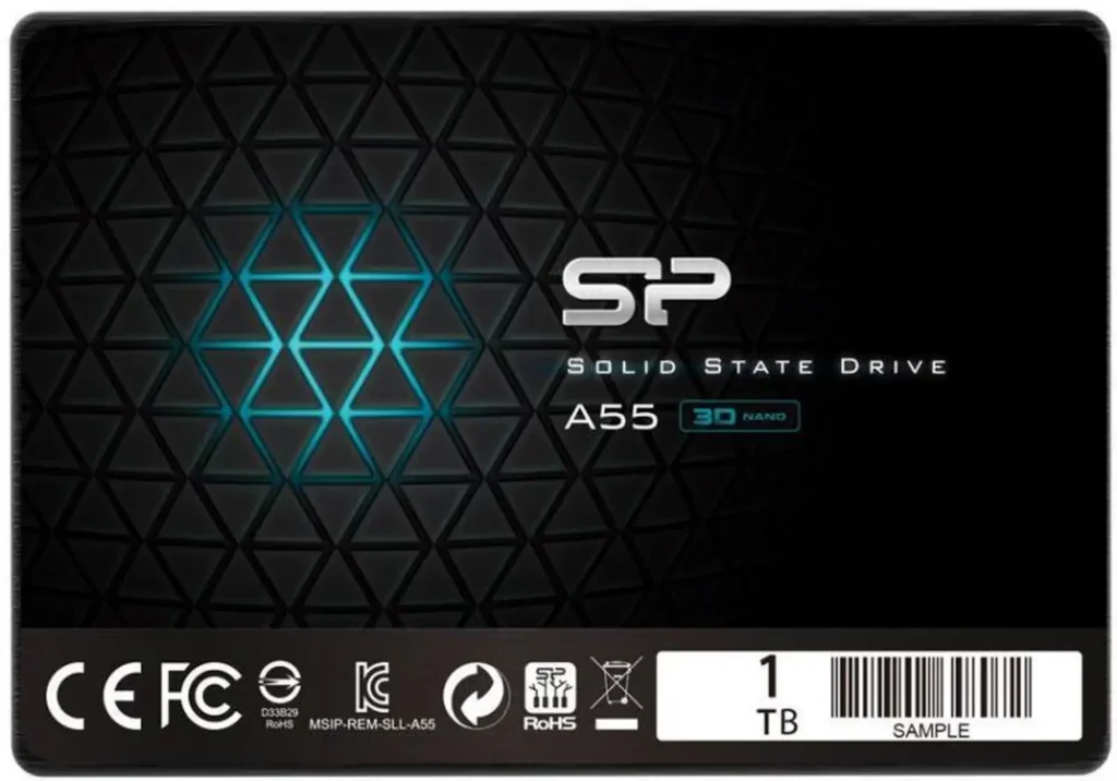 Silicon Power Ace A55 1TB 2.5 collos SATA3 SSD fekete műanyag házban, gyári logóval és típusjelzéssel ellátva.