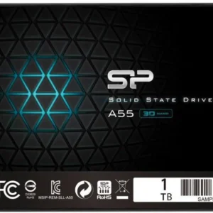 Silicon Power Ace A55 1TB 2.5 collos SATA3 SSD fekete műanyag házban, gyári logóval és típusjelzéssel ellátva.