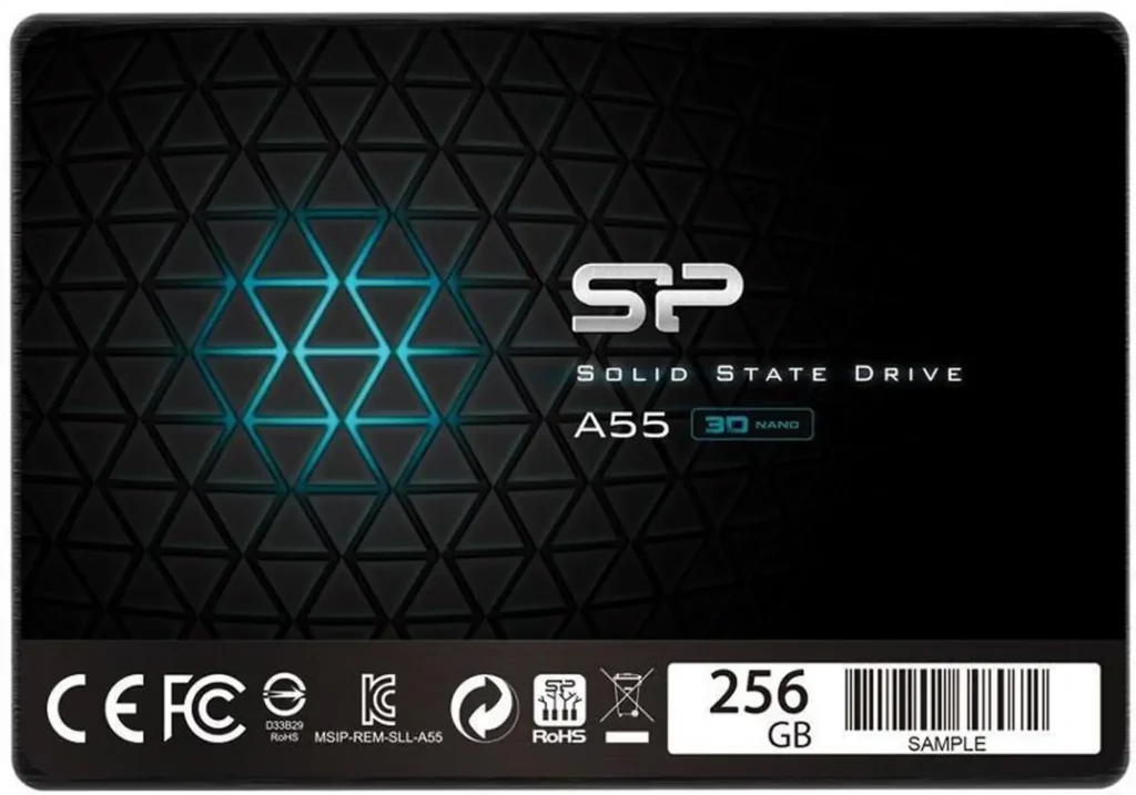 Silicon Power Ace A55 256GB 2.5 collos SATA3 SSD fekete műanyag házban, gyári logóval és típusjelzéssel ellátva.