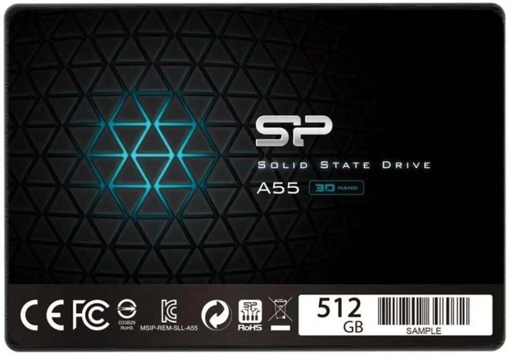 Silicon Power Ace A55 512GB 2.5 collos SATA3 SSD fekete műanyag házban, gyári logóval és típusjelzéssel ellátva.