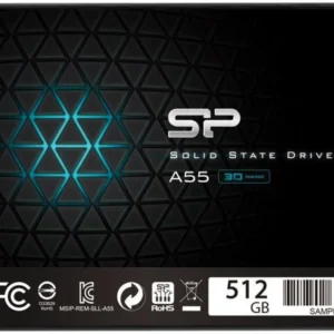 Silicon Power Ace A55 512GB 2.5 collos SATA3 SSD fekete műanyag házban, gyári logóval és típusjelzéssel ellátva.